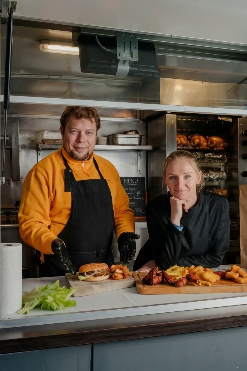 Adrian og hans kone bag disken i vognen med burger, kylling og pomfritter